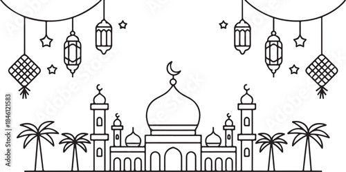 A minimalist outline illustration showcases a beautiful mosque with palm trees and festive lanterns