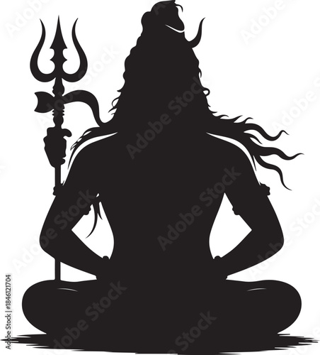 A powerful black silhouette of Lord Shiva in a meditative pose holding his sacred trident