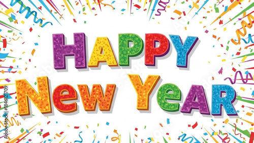 Colorful happy new year text with confetti and streamers bursting outwards in a celebration pattern