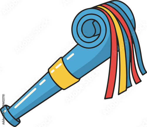 Vibrant blue party blower illustration, a cheerful graphic asset perfect for festive celebrations, adding a joyful pop to birthday parties, New Year's Eve, and Christmas gatherings