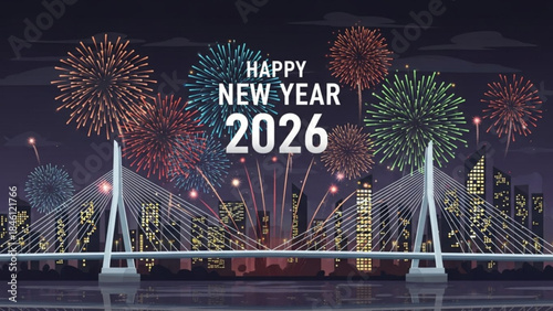 Spectacular new year 2026 fireworks illuminate a modern suspension bridge and city skyline at night, celebrating the upcoming year with vibrant explosions of light