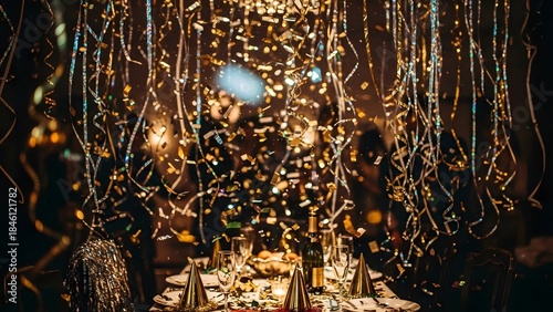 A vibrant and luxurious party scene, focusing on a table set with party hats, champagne glasses, and a shower of falling gold confetti and streamers. Perfect for New Year's, birthdays, or special even