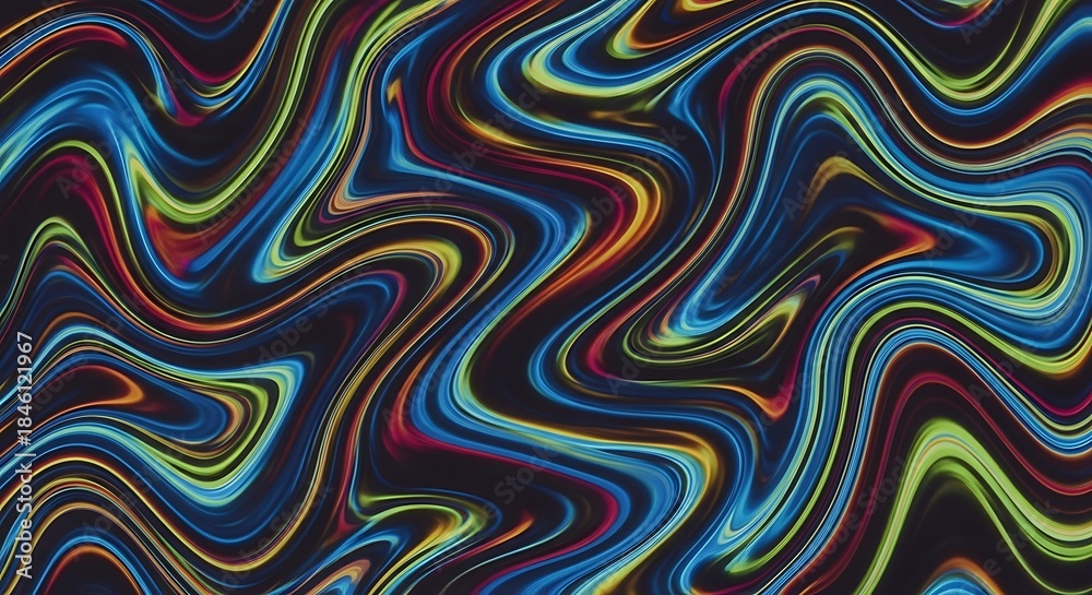Obraz premium A vibrant, abstract digital art piece with swirling, multicolored lines resembling liquid or flowing paint on a dark background