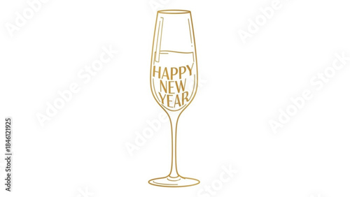 A gold line drawing of a champagne flute with happy new year text for celebrations and festivities