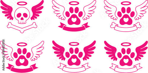 A set of six memorial pet icons featuring paw prints skulls wings and halos