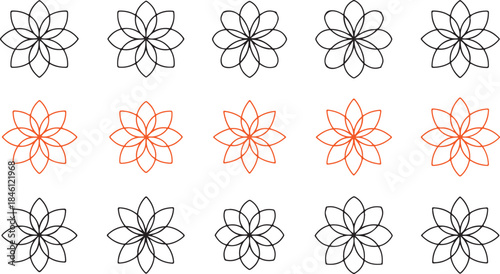 A symmetrical grid of black and orange outlined overlapping floral shapes resembling simplified mandalas