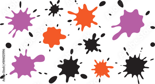 A vibrant collection of colorful paint splatters and dots spread across a clean white surface