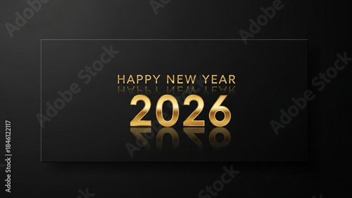 Golden happy new year 2026 greeting card with shiny gold text on dark background
