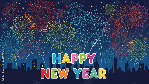 Vibrant fireworks explode over city skyline at night with happy new year text, celebrating a festive holiday tradition with colorful explosions of joy and celebration