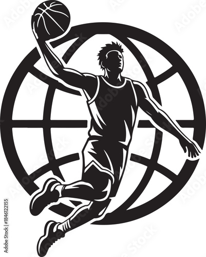 Black silhouette of a basketball player dunking the ball with a global map outline in background