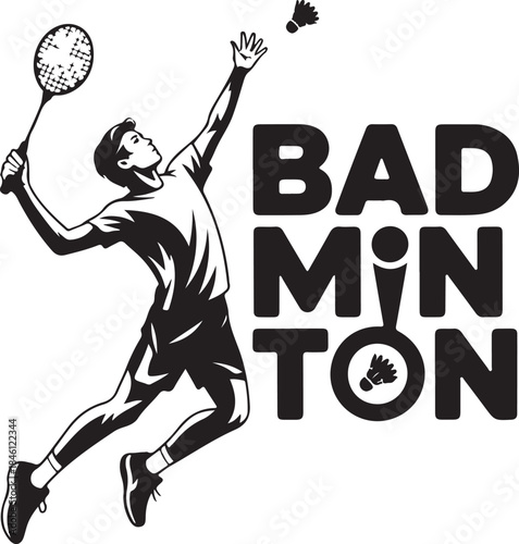 Energetic male badminton player silhouette jumping high to smash a shuttlecock with a racket