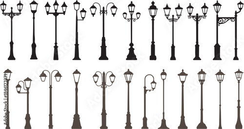 Extensive collection of various street lamp and lantern silhouettes for urban and vintage environments