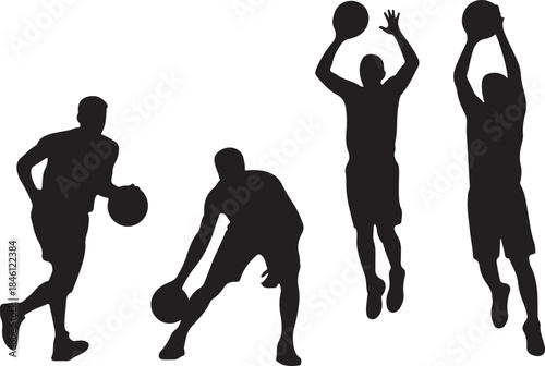 Four black silhouettes of basketball players dribbling, jumping, and shooting a ball during a game