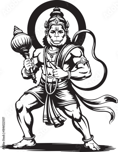 Powerful Lord Hanuman standing valiantly holding his sacred gada mace with a divine halo present