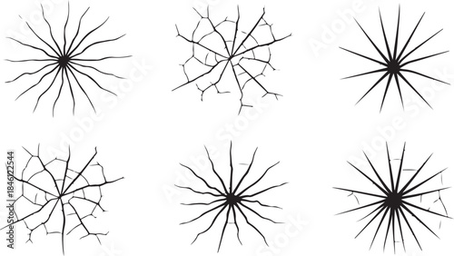 Six different radial crack patterns creating starburst effects on a clear white background