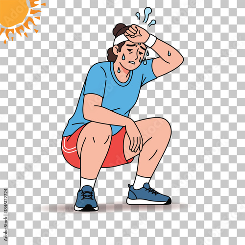 A person is squatting, exhausted and sweating heavily under a hot sun, indicating heatstroke or intense physical activity.