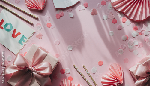 Ilustrasi Papercut Valentine Romantis dengan Balon Udara Berbentuk Hati, Lanskap Kertas Berlapis Warna Merah dan Pink, Awan Lembut, Pohon Dekoratif, dan Kotak Hadiah dalam Gaya Seni Kertas 3D yang Han