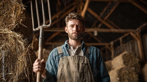 Strong and Steady: An upstanding farmworker, shouldering the familiar tools of his trade amidst a rustic barn, embodies the spirit of self-sufficiency and the heritage of rural labor.