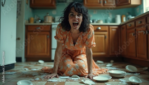 Furious woman yells on kitchen floor amidst shattered plates. Extreme anger, frustration explode in domestic chaos. Stressful homemaker experiences destructive emotional outburst. Shattered crockery