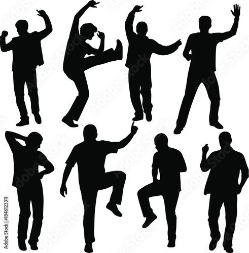 Dynamic silhouettes of diverse individuals joyfully dancing and celebrating, perfect for festive holiday designs and vibrant Christmas party invitations with an energetic flair