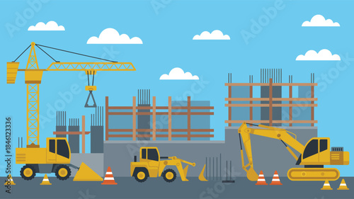 A vector illustration of a construction site featuring heavy machinery and a developing building structure illustration