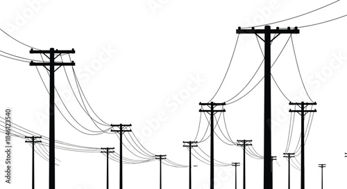 Electric power transmission poles silhouette illustration, utility lines and overhead cables, minimal black white vector background for energy infrastructure design