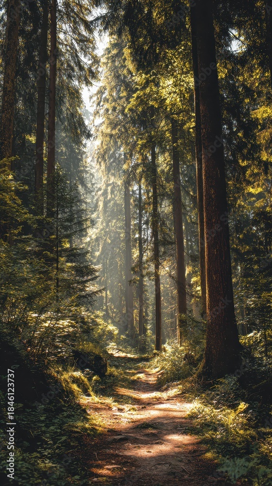 Fototapeta premium High quality photo of Enchanting Forest Path Bathed in Golden Sunlight