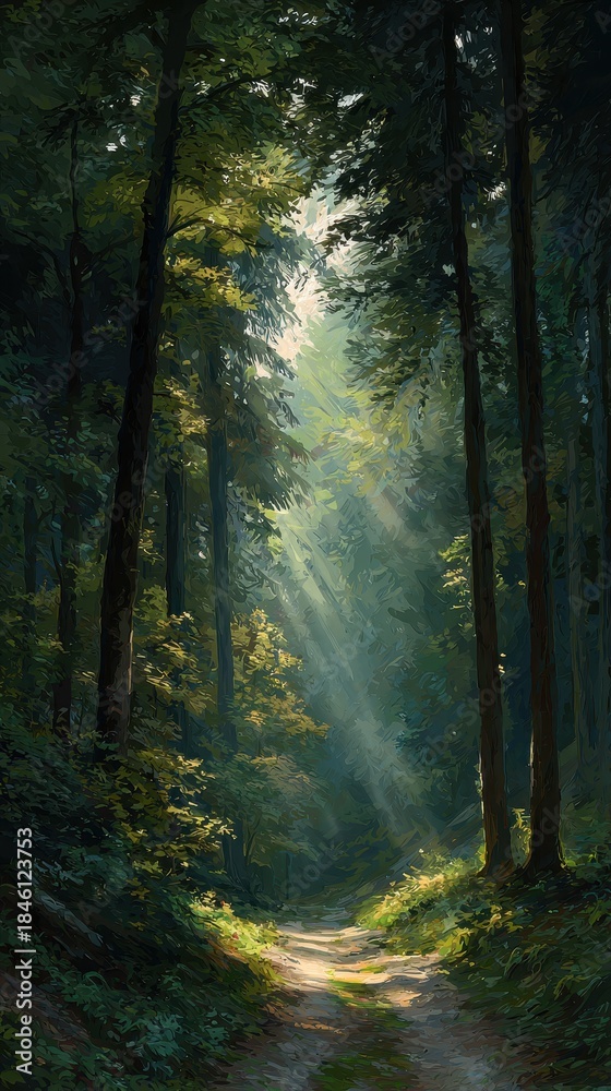 Obraz premium High quality photo of Painterly Forest Path with Radiant Sunbeams