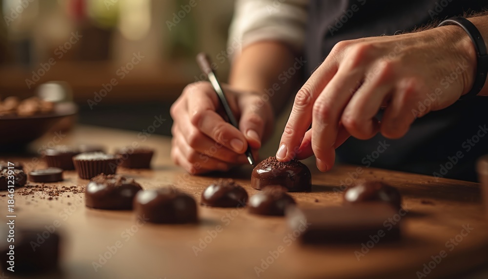 Fototapeta premium Artisan chocolatier decorates pralines meticulously. Hands carefully place toppings, craft fine confectionery. Detail oriented food prep, sweet treat making.