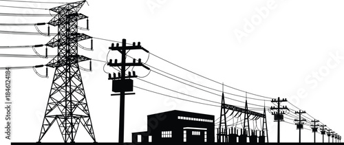 Electrical power distribution system, transmission tower, utility poles, transformers, substation building, power lines, black silhouette vector, infrastructure layout, energy network illustration