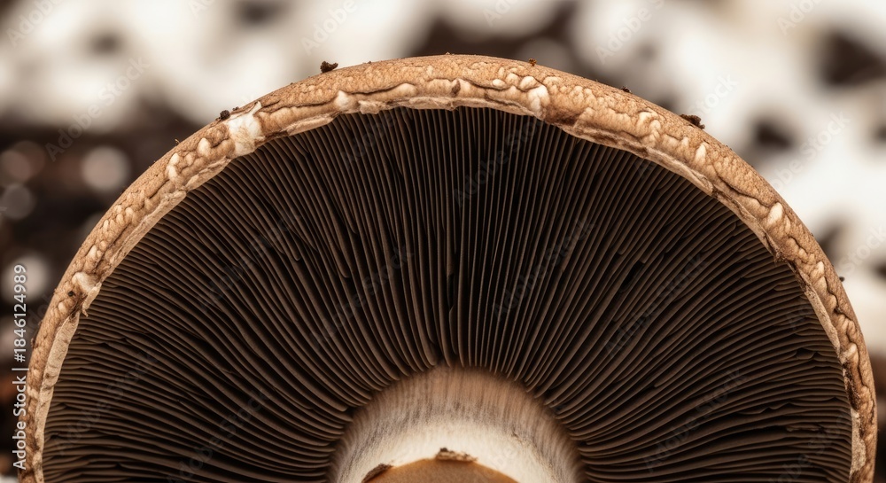 Fototapeta premium An extreme close-up view focusing on the underside of a large, brown mushroom cap, revealing detailed gills and a textured surface. The background is blurred