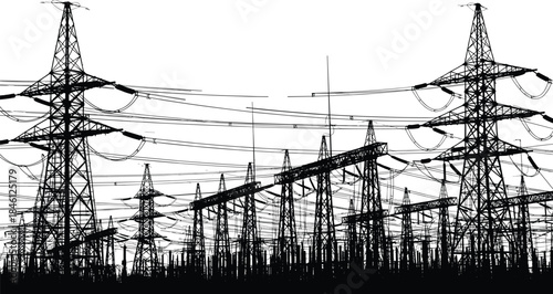Electrical transmission tower network, power line infrastructure, substation silhouette, high voltage grid, energy distribution system, black vector, urban engineering, cable complexity