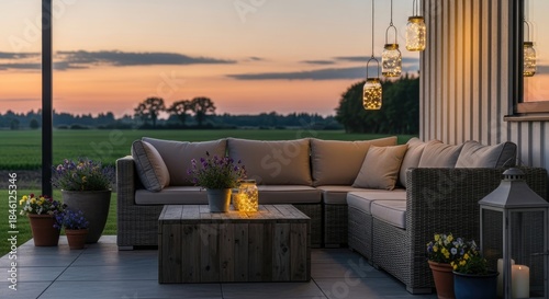 Charming outdoor patio evening scene with cozy rattan furniture string lights and warm sunset sky