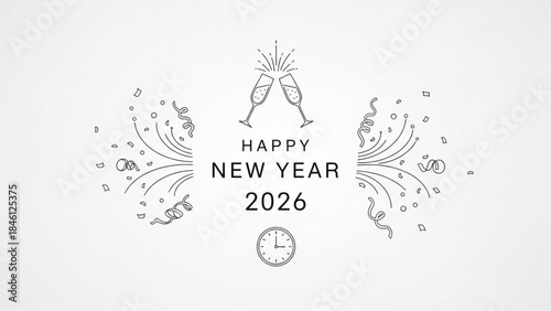 Happy new year 2026 celebration with champagne glasses, confetti and clock striking midnight