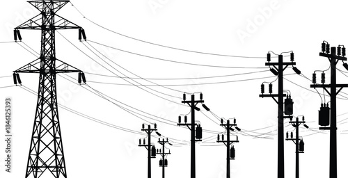 High-voltage transmission tower and utility poles, electrical infrastructure silhouette, power lines, transformer units, black vector, urban grid, energy distribution system