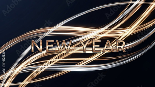 Golden light trails with new year text on dark background for celebration and party decoration