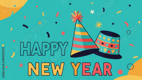 Vibrant happy new year celebration graphic with party hats and confetti on teal background