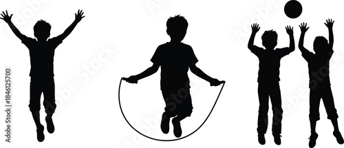 Active children silhouettes jumping, skipping rope and playing ball, energetic kids movement illustration for sports design, outdoor activity and childhood themes