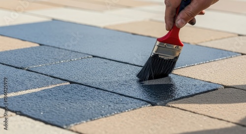 Close up of hand applying dark protective sealant to outdoor patio paving stones with a paintbrush