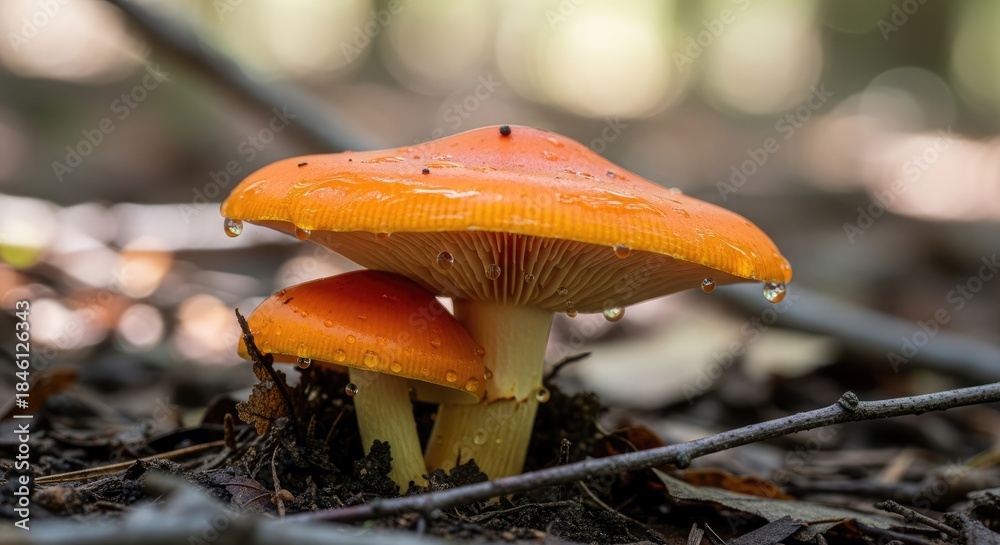 Fototapeta premium Close-up of vibrant orange mushrooms, likely growing in a forest. Raindrops cling to the caps and stems, highlighting intricate details of the gills and texture. Natural lighting