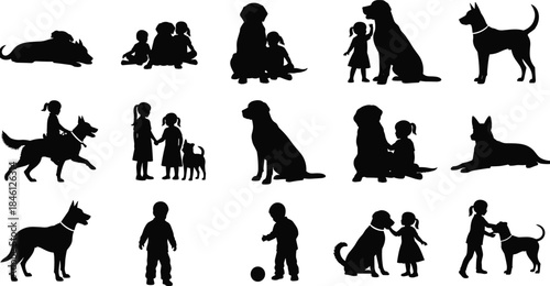 Children and dogs silhouettes collection, kids playing with pets outdoors, friendship and bonding illustration set, animal companions artwork for creative design projects