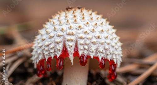 Close-up of a bizarre white and brown mushroom with red, drop-like liquid dripping from its spiky cap. The background shows blurred brown pine needles and forest debris