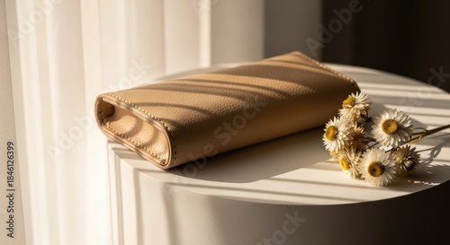 Elegant beige clutch bag and dried flowers bathed in warm natural sunlight on a minimalist table