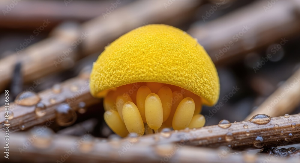 Fototapeta premium A close-up of a small, bright yellow mushroom with a textured cap and delicate, egg-like gills nestled amongst damp twigs. Water droplets cling, enhancing the details
