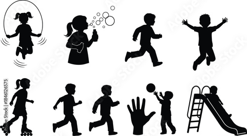 Children playing outdoors in various activities silhouette set, including running, skipping rope, sliding, blowing bubbles, skating, and throwing ball