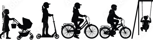 Children playing outdoors, kids riding bicycles, scooter and stroller, child swinging on playground, active childhood silhouettes, fun outdoor activity illustration set