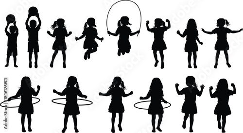 Children playing with ball, jump rope and hula hoop silhouettes, active kids exercise illustration, fun outdoor movement, playful childhood activity set