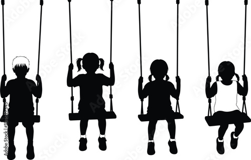 Children silhouettes on swings, playful kids sitting and swinging, childhood activity illustration, outdoor play concept, fun park scene artwork