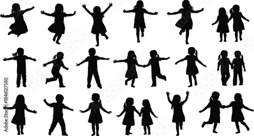 Children silhouettes running and playing, joyful kids posing together, playful childhood moments illustration, happy group activity scene, fun expressive children artwork