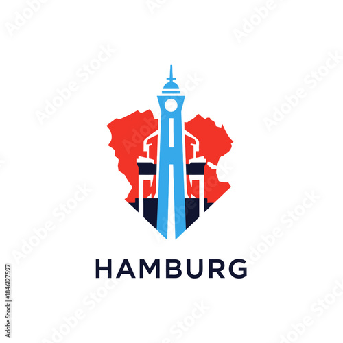 Stylized Hamburg Germany city landmark emblem with architectural tower and map silhouette icon